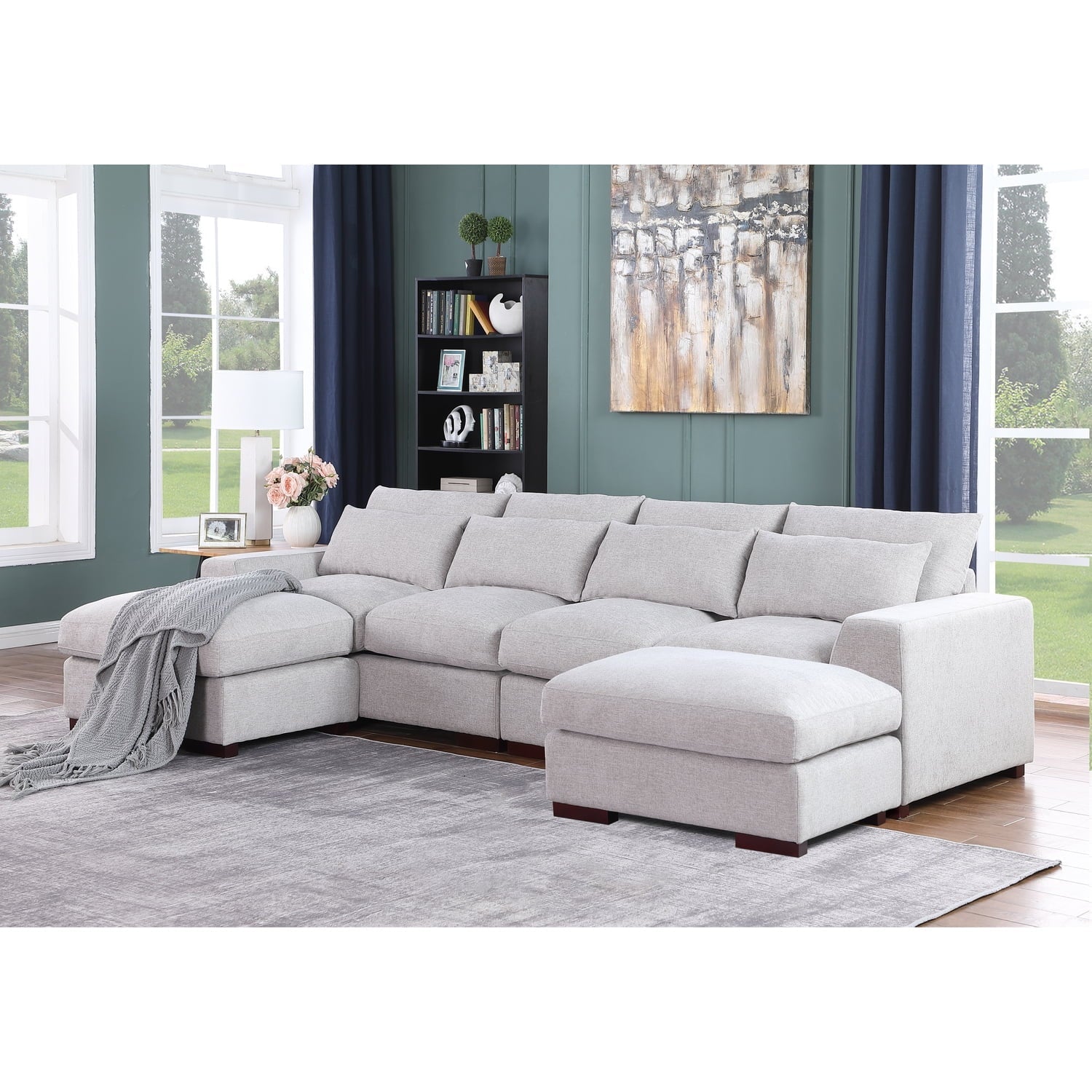 Devion Furniture Reversible Modular Sectional Fabric Sofa & Chaise With Two Ottoman-Light Gray