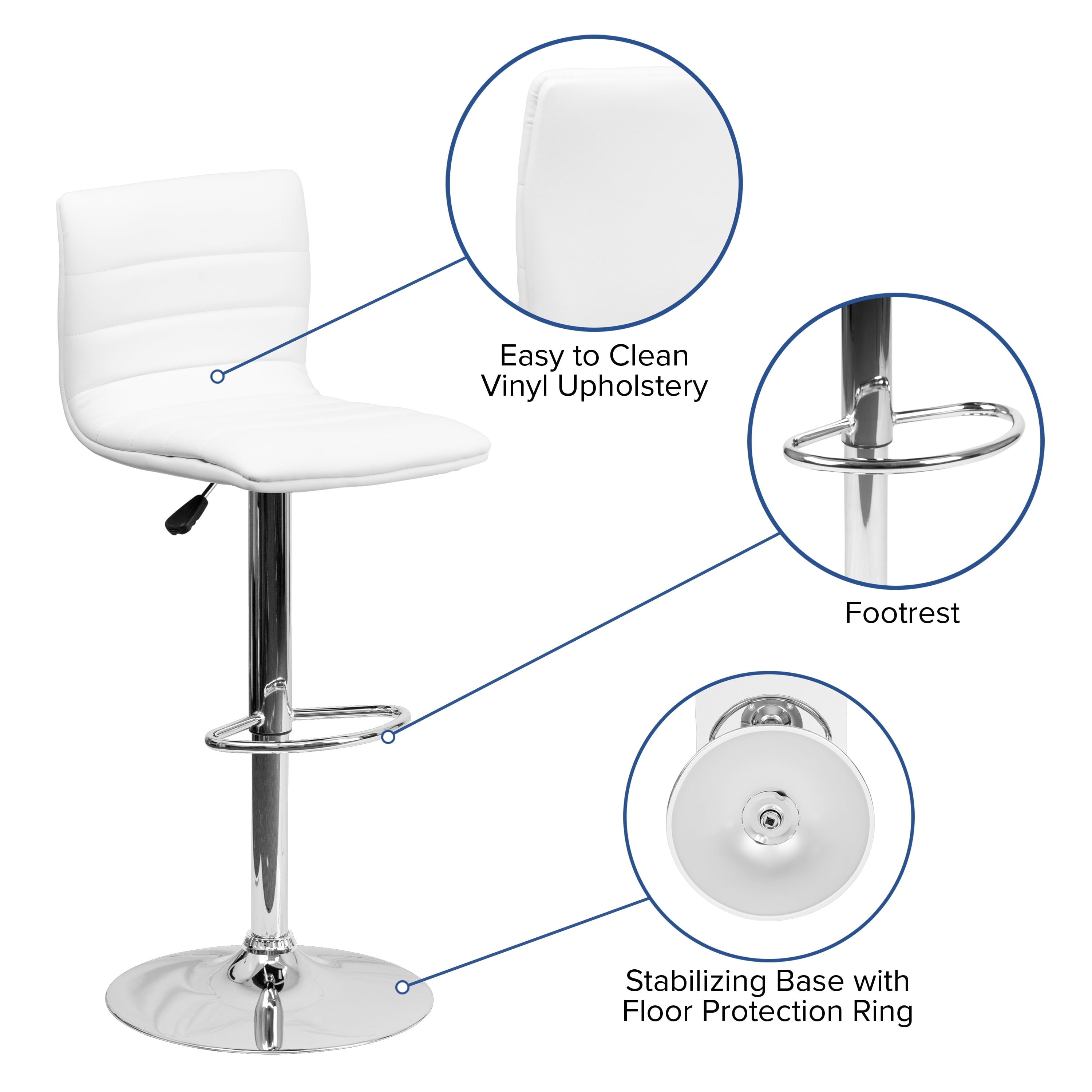 Flash Furniture Betsy Modern White Vinyl Adjustable Bar Stool with Back, Counter Height Swivel Stool with Chrome Pedestal Base