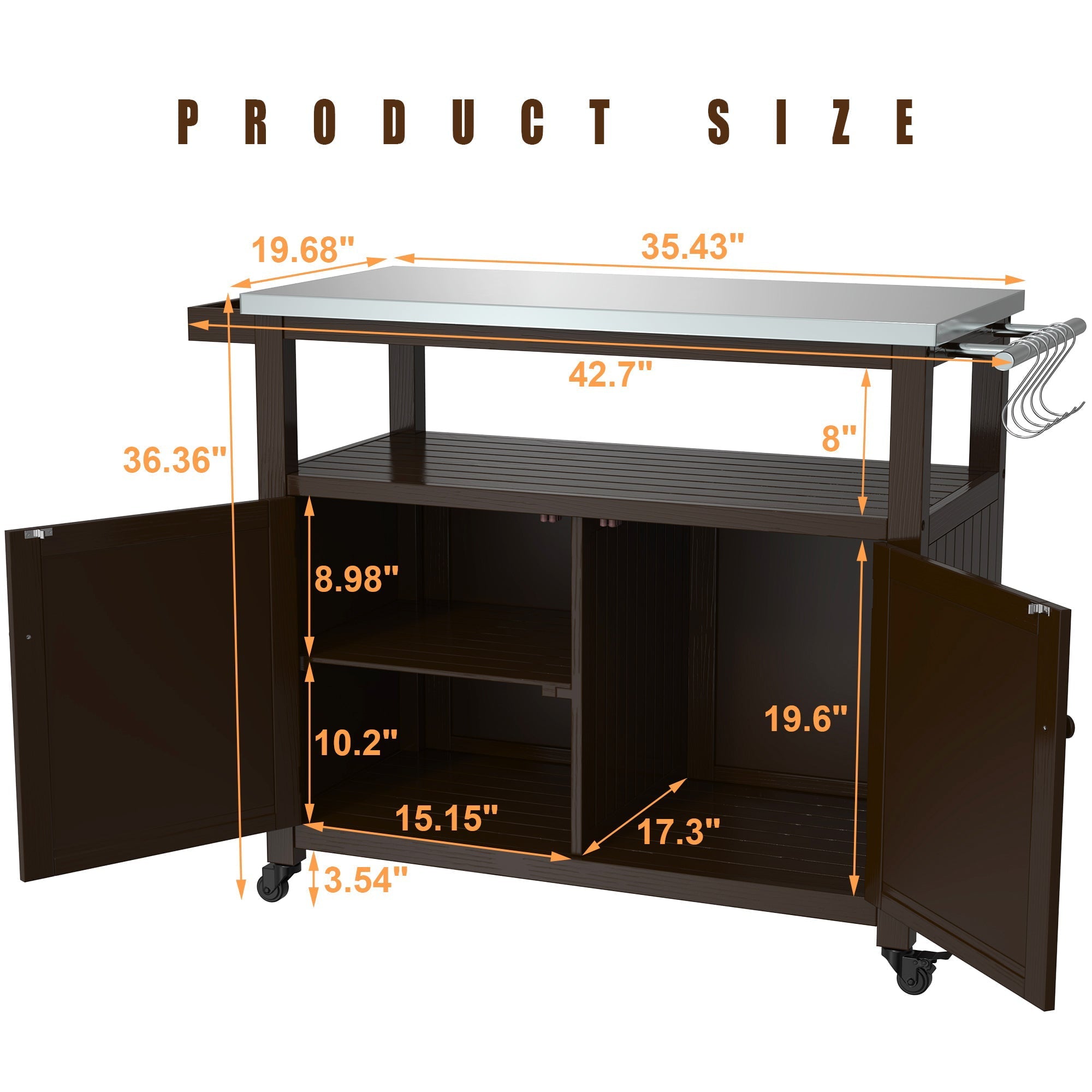 Prep Table Grill Station, Solid Wood Movable Dining Cart Table, Dark Brown