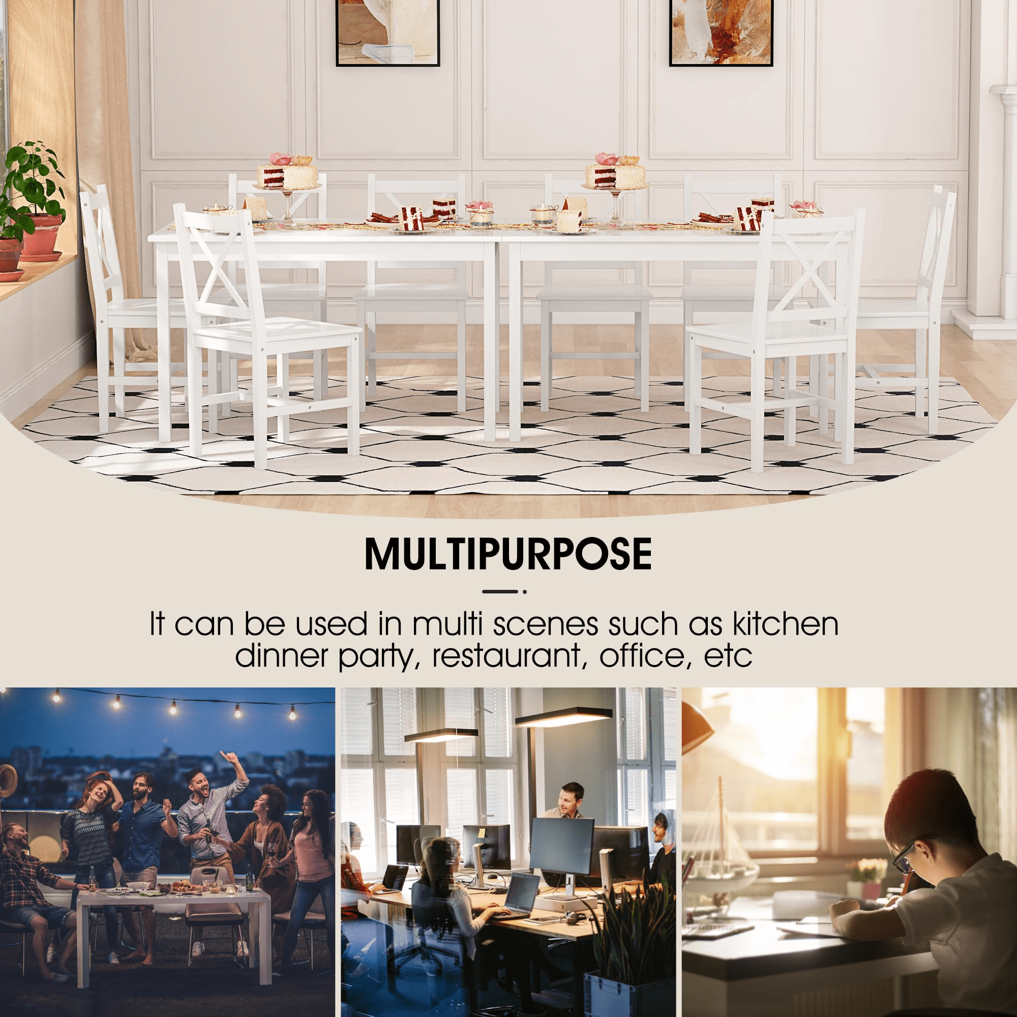 Alohappy Dining Table with 4 Chairs Set, 5 Piece Kitchen Table Set  for 4, Pine Wood Dining Table Rectangle Breakfast Table and Chairs for Home Kitchen Small Space, Space-Saving & Easy Assembly, White