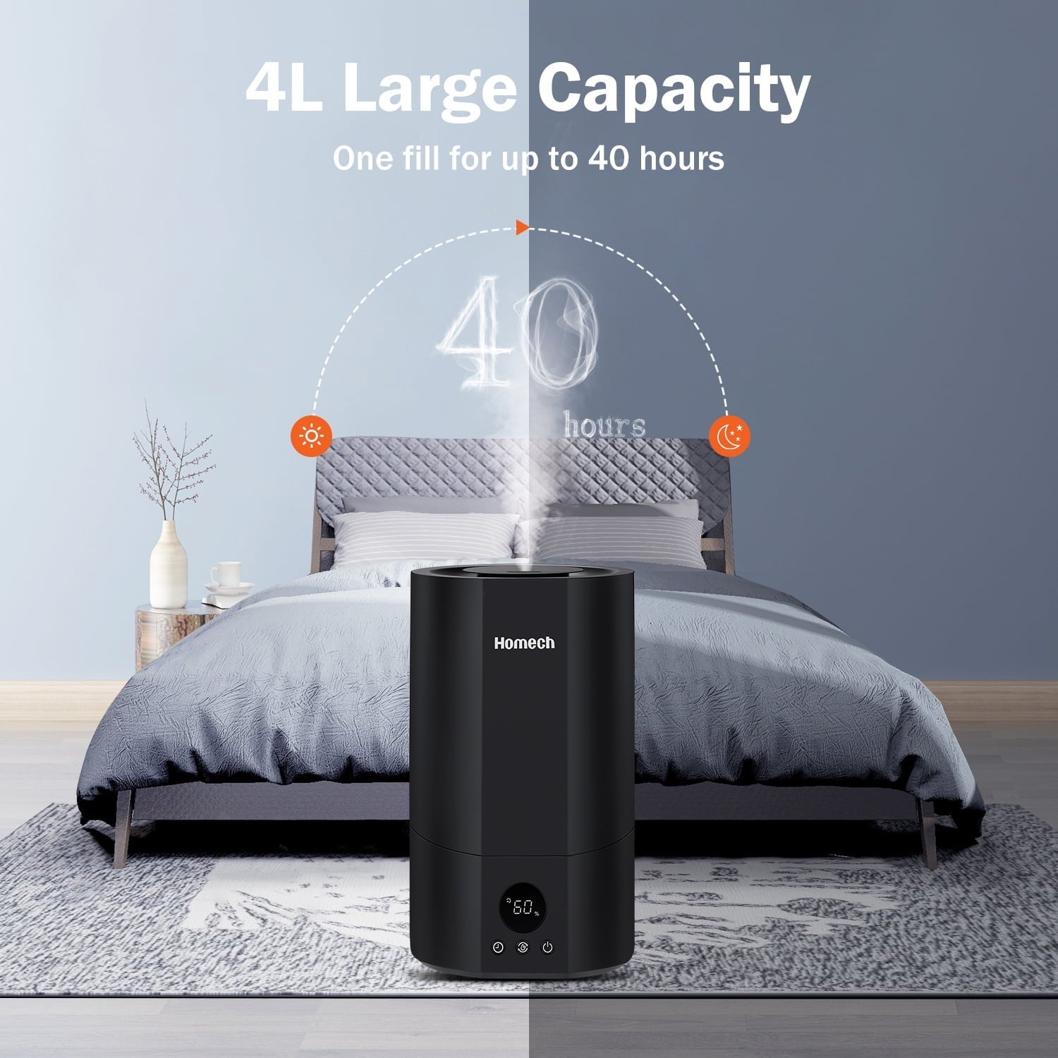 Homech Humidifier Top Fill(1 Gal/4L)Cool Mist Quiet Ultrasonic Air Humidifier with 12H Timer, AI Mode Adjustable 3 Mist Level, Black