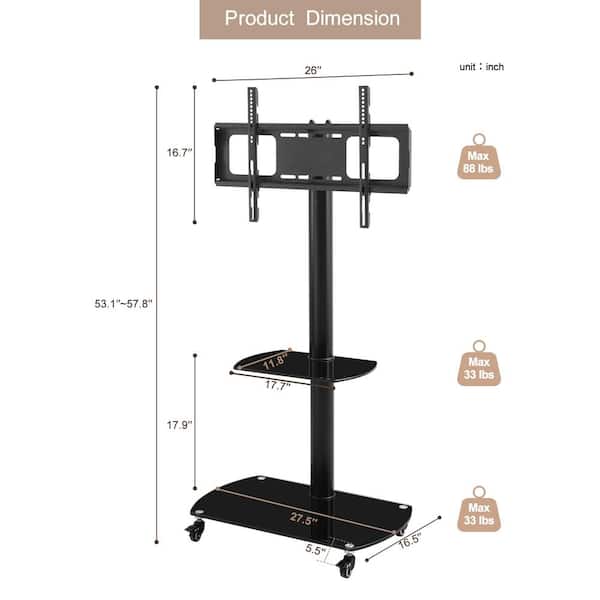 Adjustable Angle Black Adjustable Height TV Mounts TV Stand with 2-Tier Shelf and Wheel