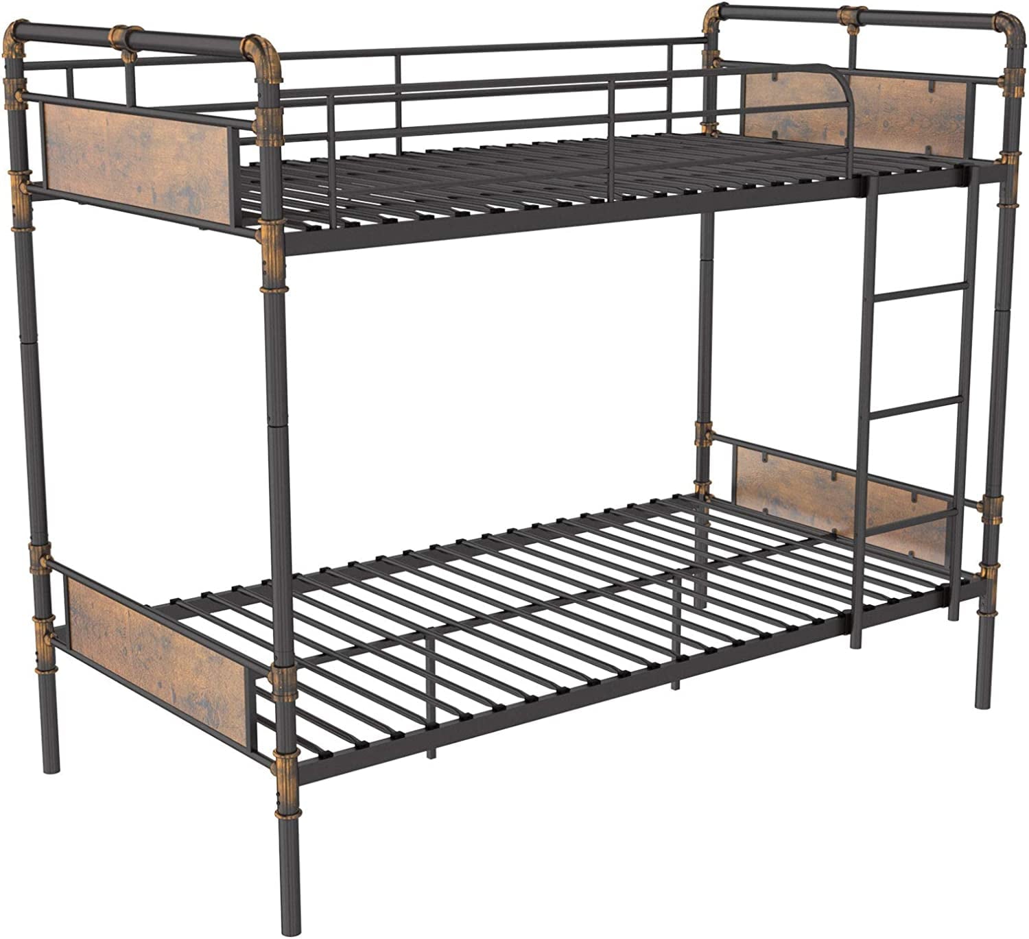 Alohappy Twin Over Twin Bunk Bed, Convertible Twin Bunk Beds Into 2 Individual Bed, Removable Ladder & Safety Guard Rail for Kids, Modern Industrial Style, Easy Assembly, No Box Spring Needed (Brown)