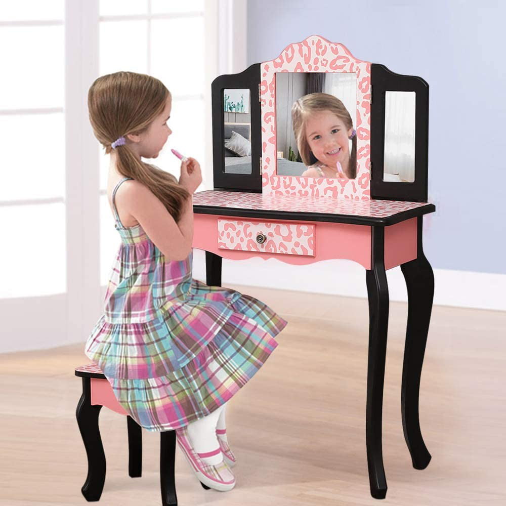 Ktaxon Kids' Wooden Vanity Table and Stool Set with 3 Mirrors, Princess Makeup Dressing Table,Children's Furniture