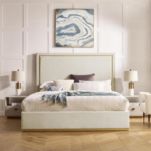 Creed Bed Beige Velvet Queen Upholstered Powder Coated Gold Frame and Base