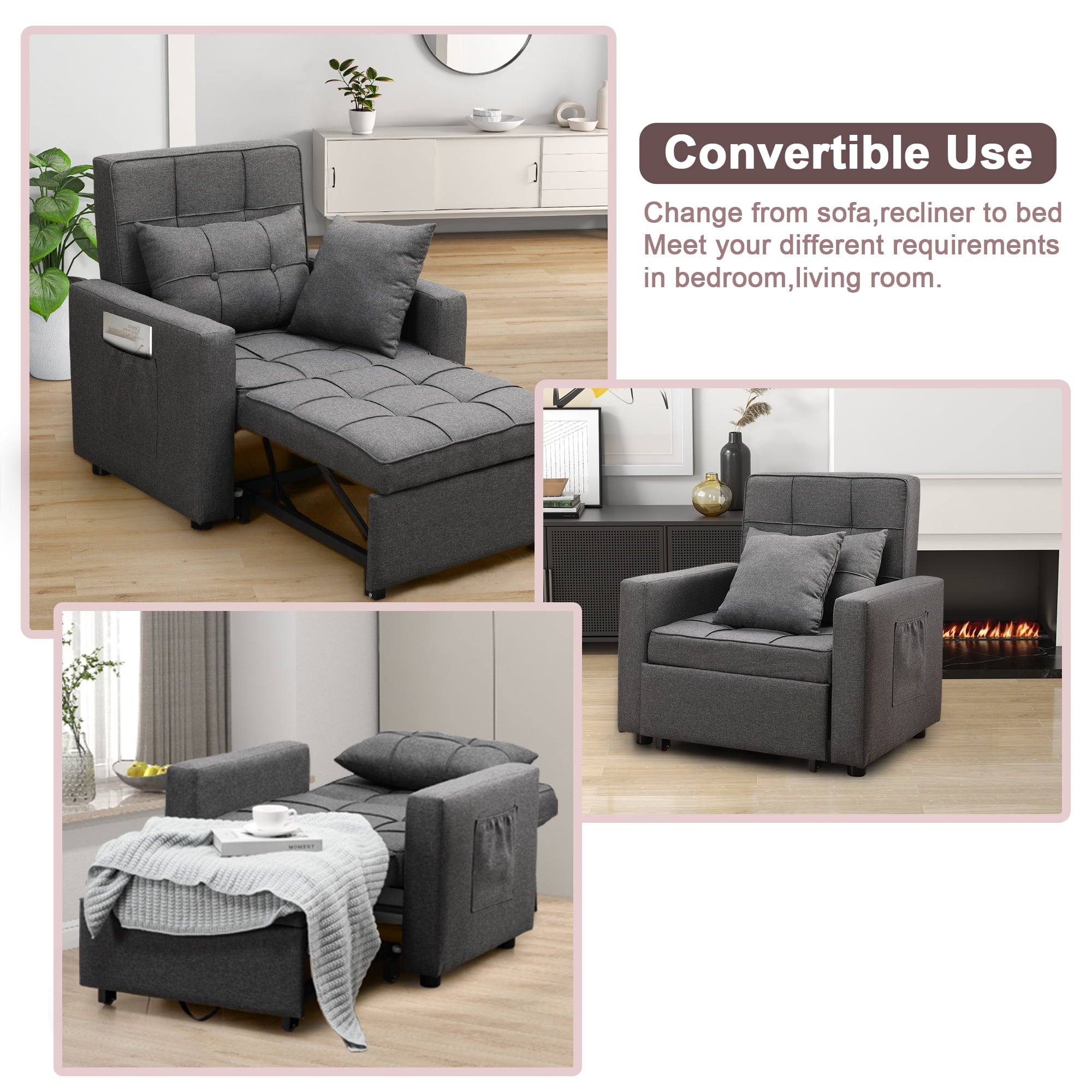 Tolead 3-in-1 Convertible Sofa Bed Sleeper Chair with Adjustable Backrest, Gray