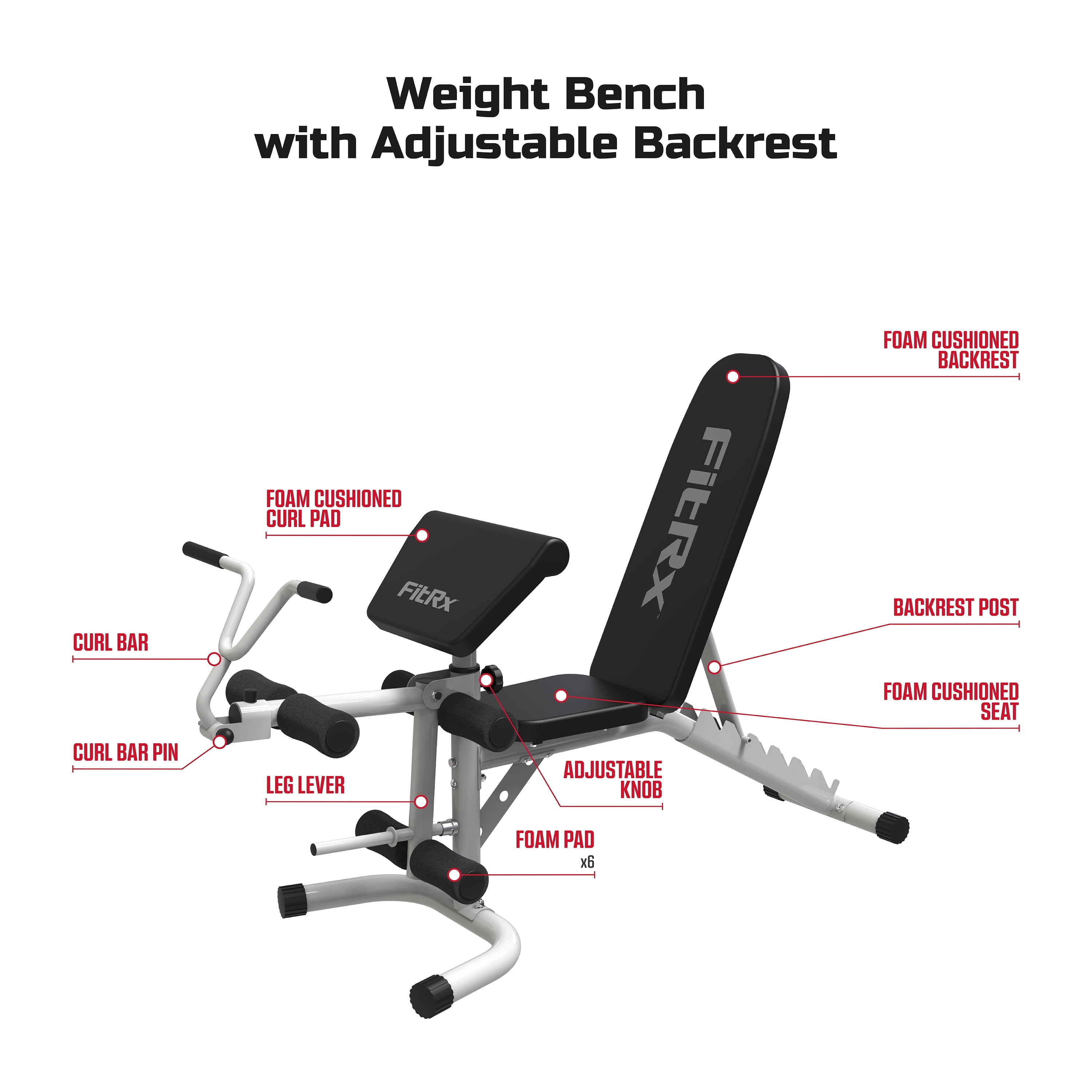 FitRx Workout Bench, Adjustable Incline Weight Bench with Curl Bar and Leg Lever for Home Gym
