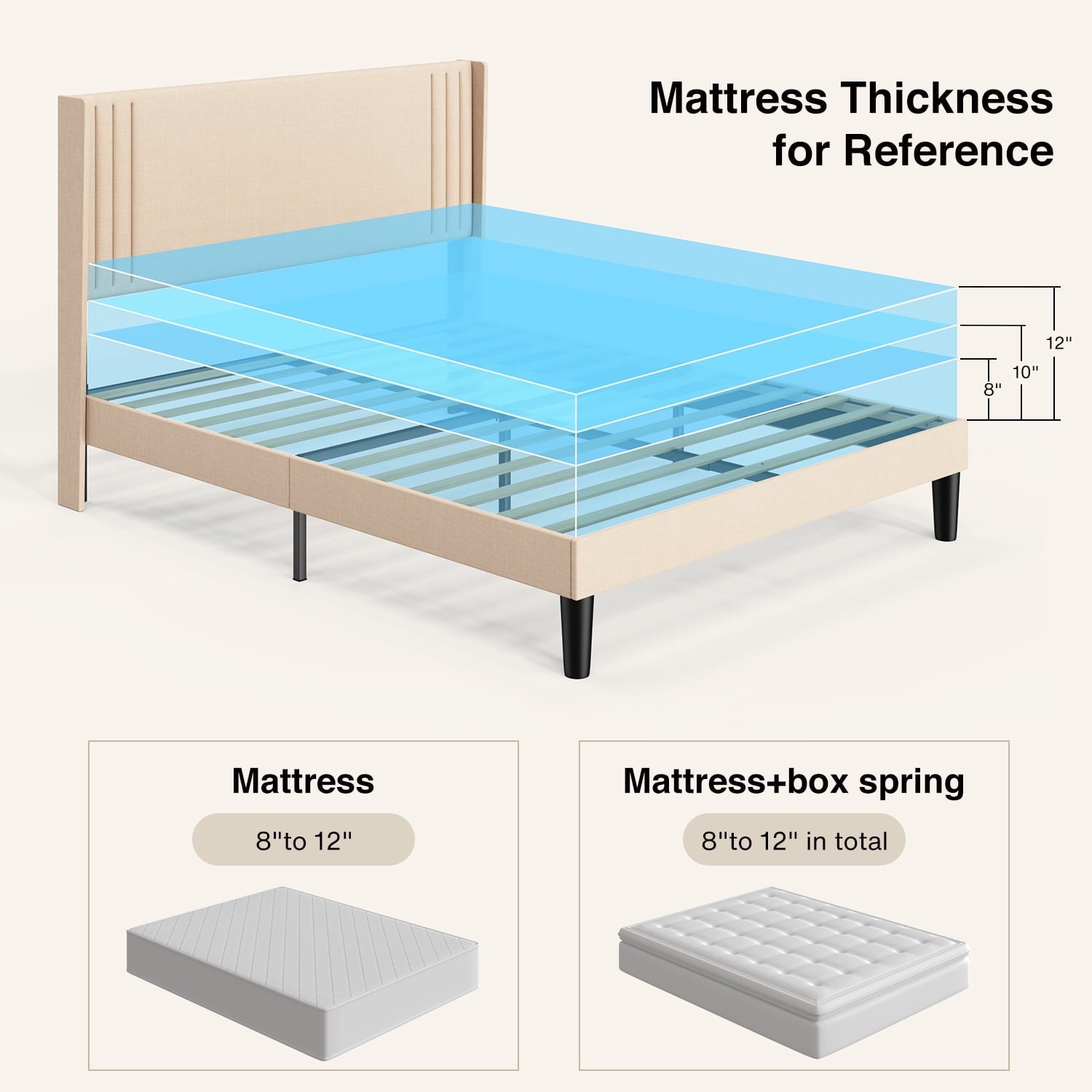 Aiho Queen Bed Frame with Wingback Headboard, Beige