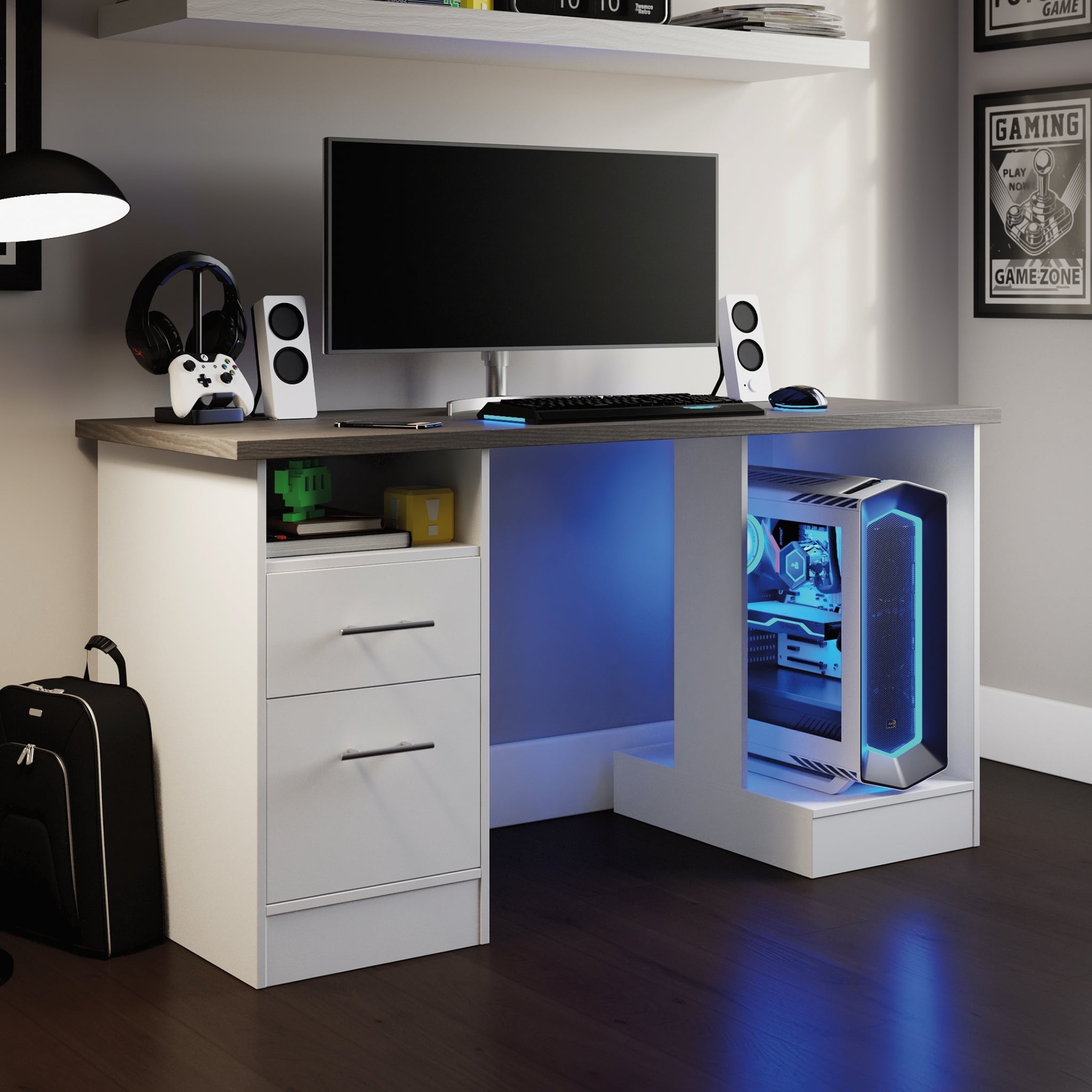 Sauder Gaming Desk with Charcoal Ash Accent Top, White Finish