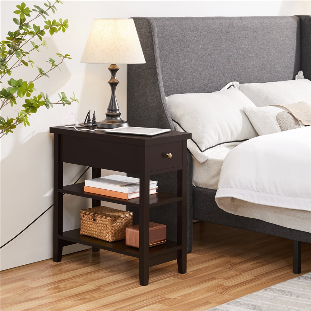 Topeakmart 3-tier Narrow Nightstand with Power Outlets and USB Ports, Set of 2, Espresso