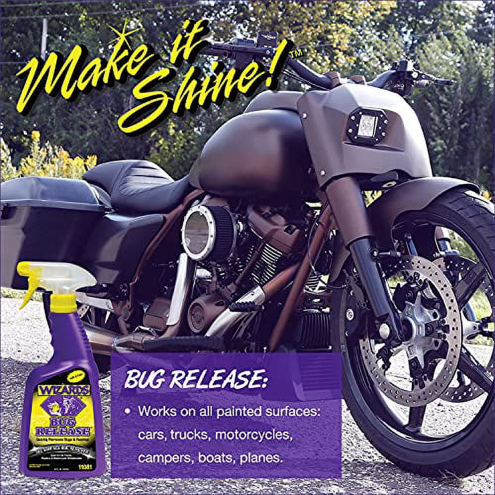 Wizards Motorcycle Cleaning Kit - Cleaner, Quick Detailer, and Bug Remover with Fiber Cloth and Detailing Bag - Stain Remover for Motorcycles - Portable Motorcycle Accessories and Cleaning Kits