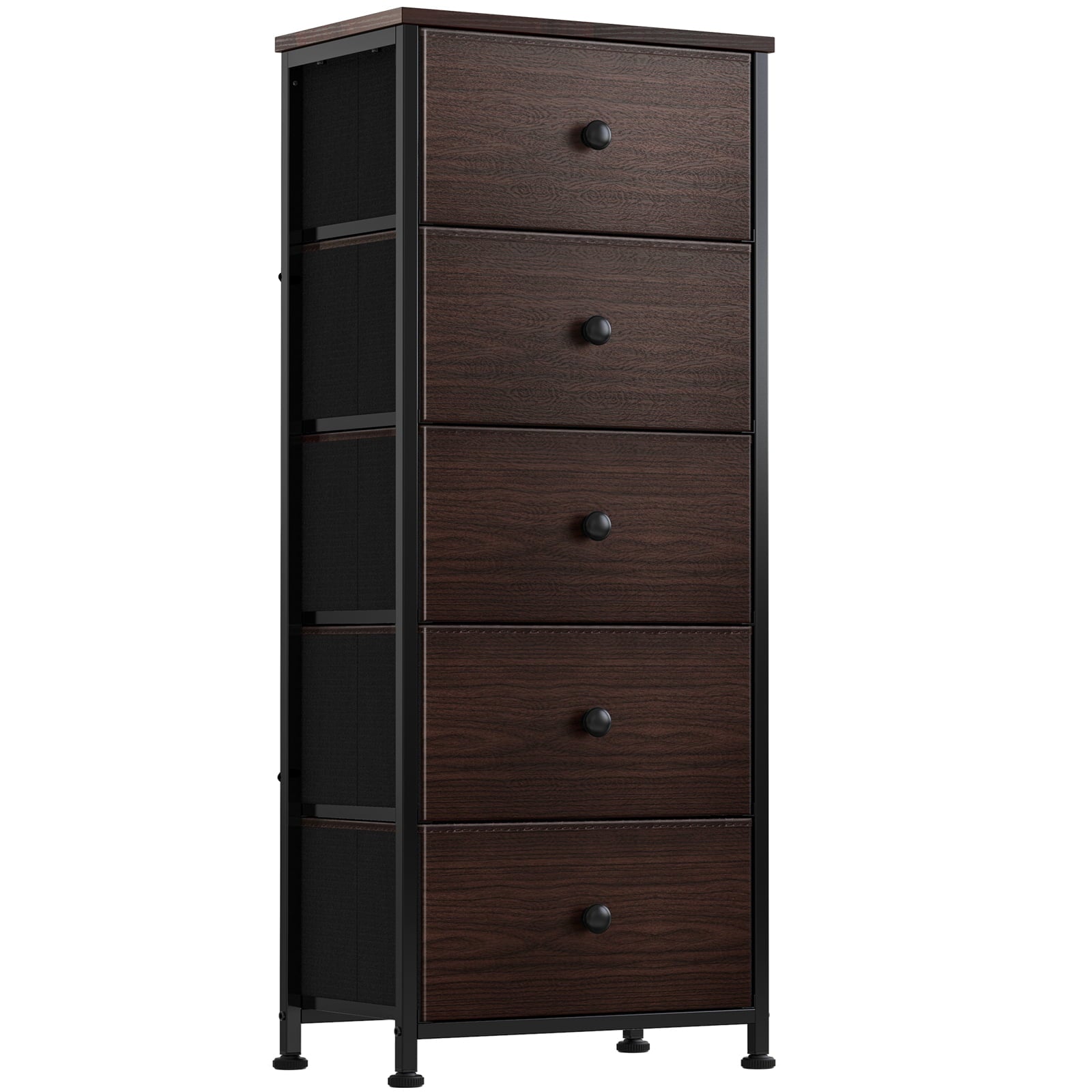 REAHOME Dressers for Bedroom 5 Drawers Tall Dresser for Bedroom Faux Leather Chest of Drawers Wooden Top Fabric Drawer Rustic Brown RZP5R1