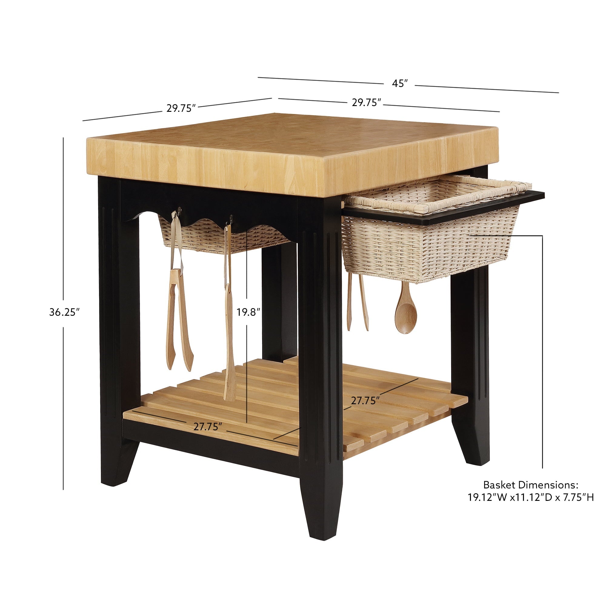 Kolton Square Kitchen Island, Black and Natural with Butcher Block Top