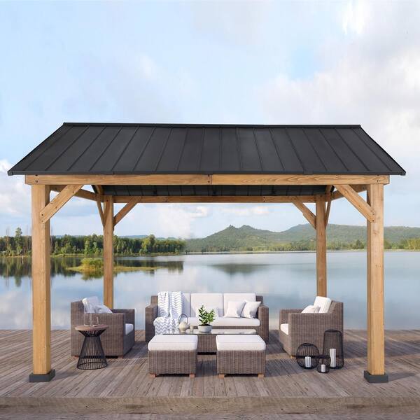 13 ft. W x 11 ft. D Solid Wood Patio Gazebo, Cedar Framed Outdoor Pavilion Cabana, Black
