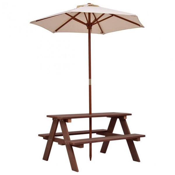 Outdoor 4-Seat Kid's Wood Picnic Table Bench with Umbrella Outdoor Camping Table Bench Set for Garden Backyard Patio