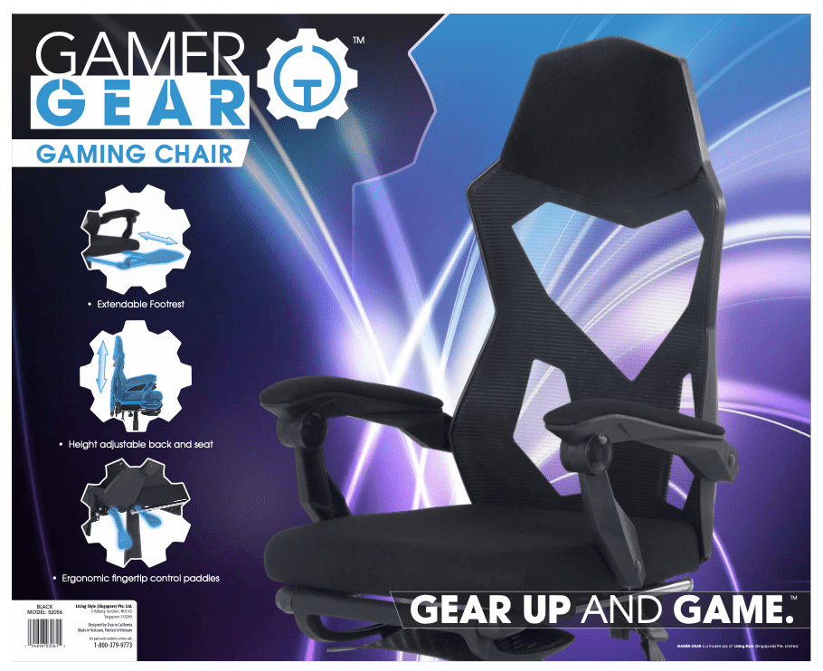 Gamer Gear Gaming Office Chair with Extendable Leg Rest, Black Fabric Upholstery