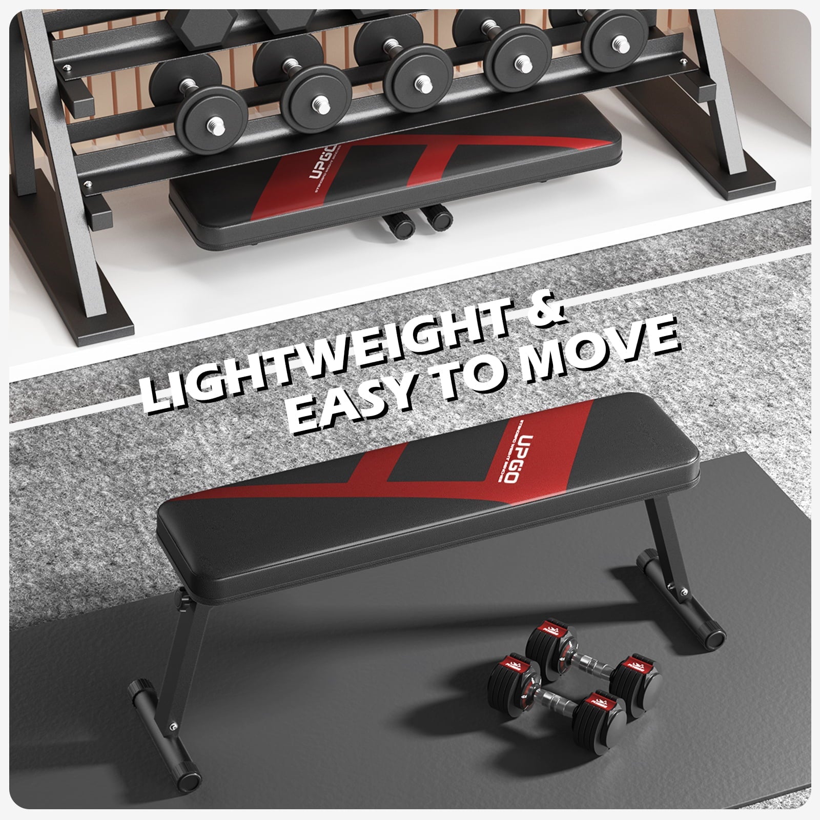 UPGO 600LBS Folding Flat Bench, Sturdy Lightweight and Space-saving Bench Press Flat Weight Bench, Easy to Assemble