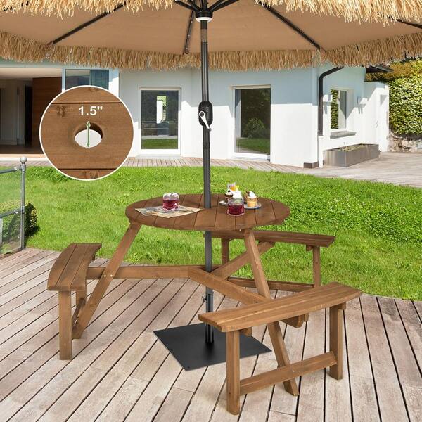 65 in. Dia 6-Person Round Wooden Picnic Table with Umbrella Hole and 3 Built-in Benches