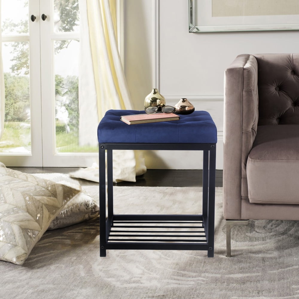 GIA Design Group 17 inch Tufted Square Ottoman with Metal Frame, Navy Blue, Set of 2