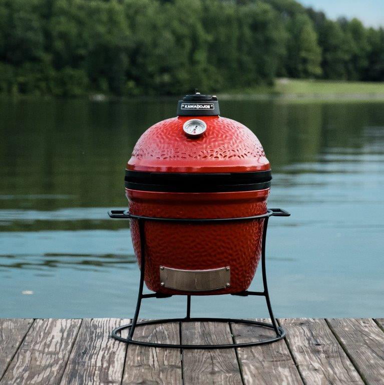 Jr. 13.5 in. Portable Charcoal Grill in Red with Cast Iron Cart, Heat Deflectors and Ash Tool