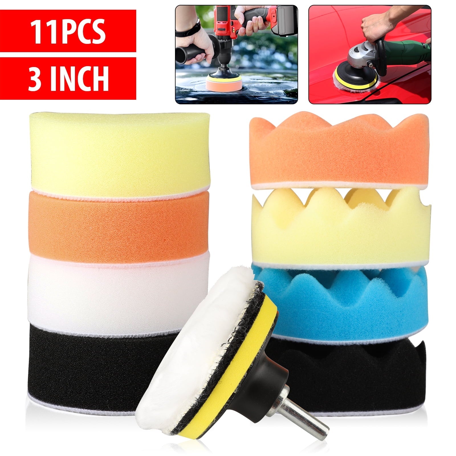 Drill Buffing Sponge Pads, EEEkit 11pcs 3inch Car Foam Woolen Polishing Pads Replacement Kit, Car Compound Polishing Buffer Drill Sponge Kit Set for Car Sanding, Polishing, Waxing