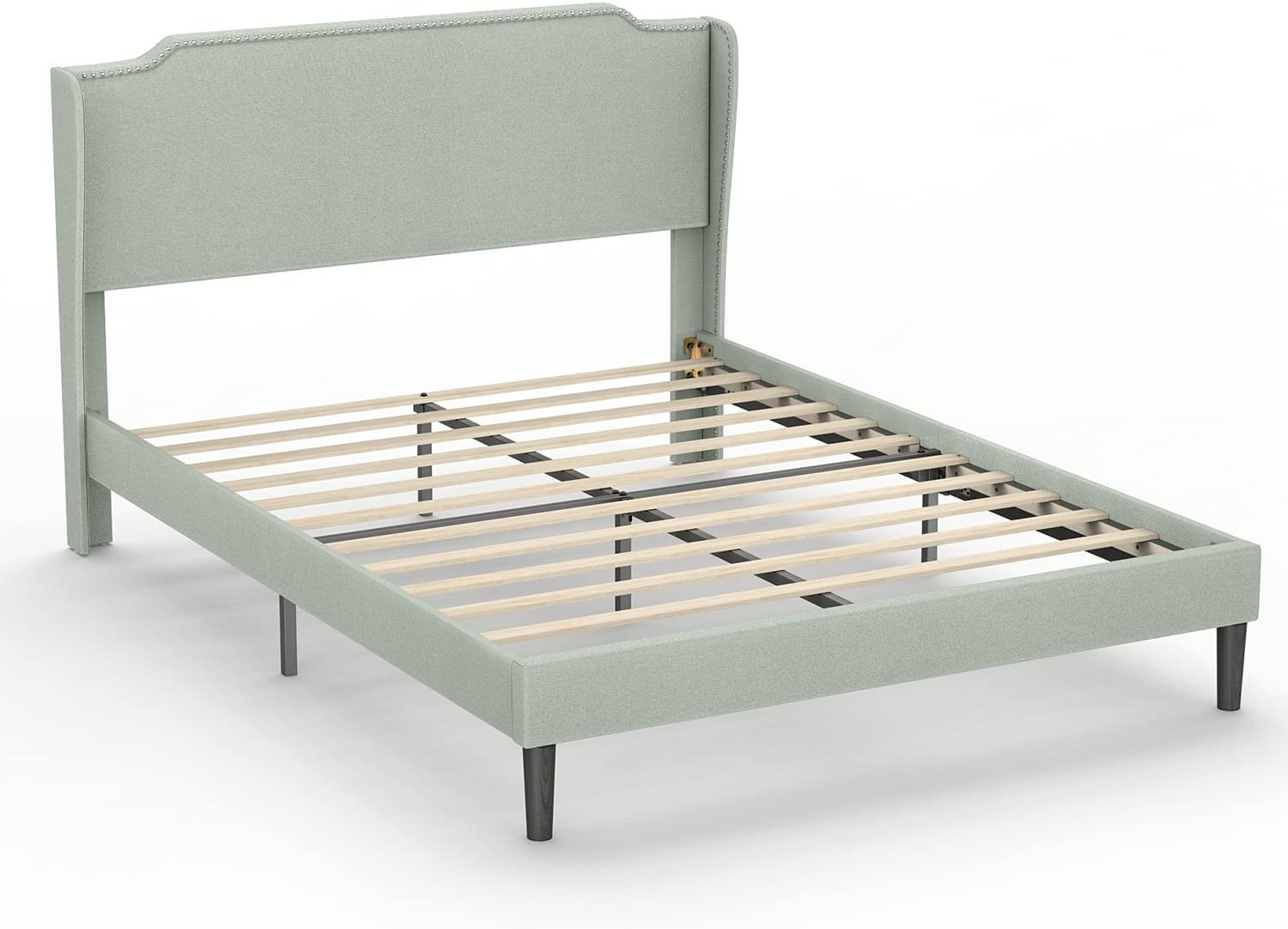 Bonsoir Queen Size Traditional Upholstered Low Profile Platform Bed Frame with Wing Back and Nail Trim Headboard/No Box Spring Needed/No Bed Skirt Needed/Soft Linen Fabric Upholstery/Light Green