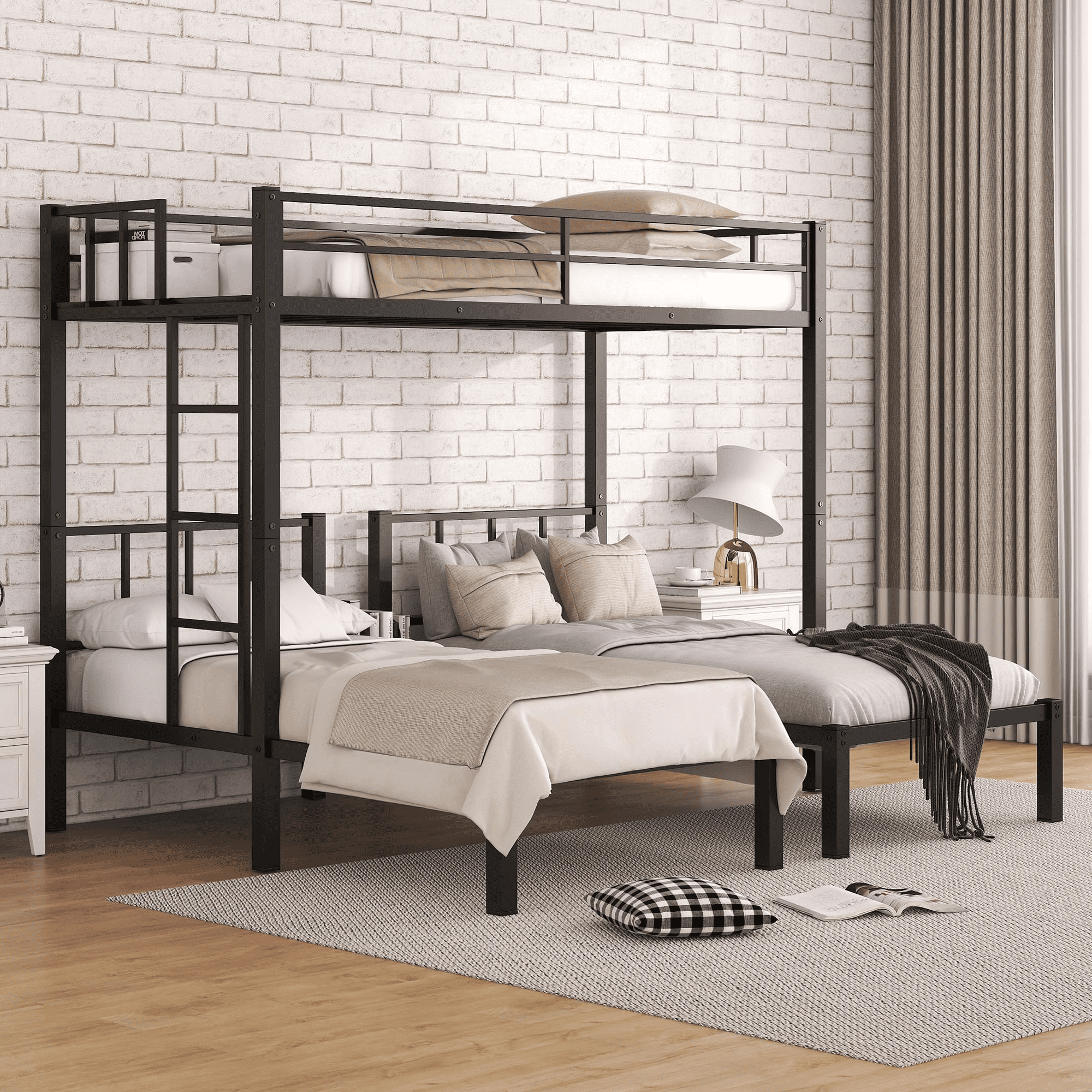 Jump Into Fun Triple Bunk Bed, Metal Twin over Twin and Twin Bunk Bed with Ladder, Full-Length Guardrail, 3 Beds Bunk Bed Can Convertible into 3 Twin Beds for Kids, Teens, Adults, Noise Free, Black