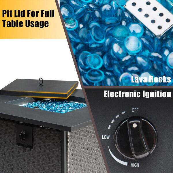 Dark Gray Square Metal 32 in. Propane Fire Pit Table with Blue Glass Ball and ETL-Certified