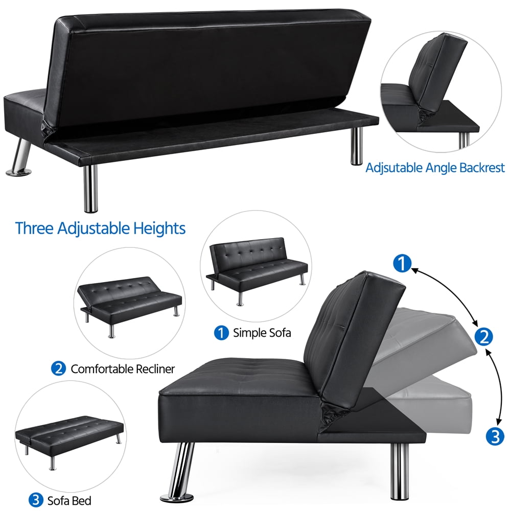 Easyfashion Convertible Faux Leather Futon Sofa Bed, Black
