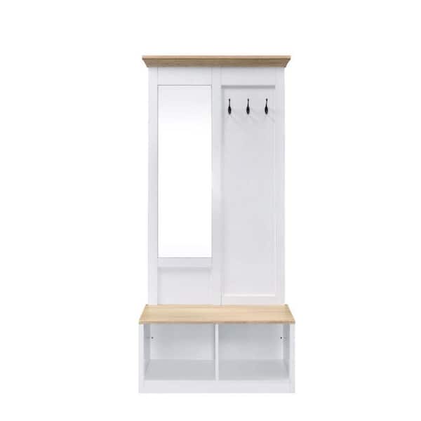 White and Brown Hall Tree with Body Length Mirror and Bench Seat