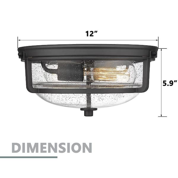 Modern 12 in. 2-Light Black Flush Mount Ceiling Light with Seeded Glass Shade
