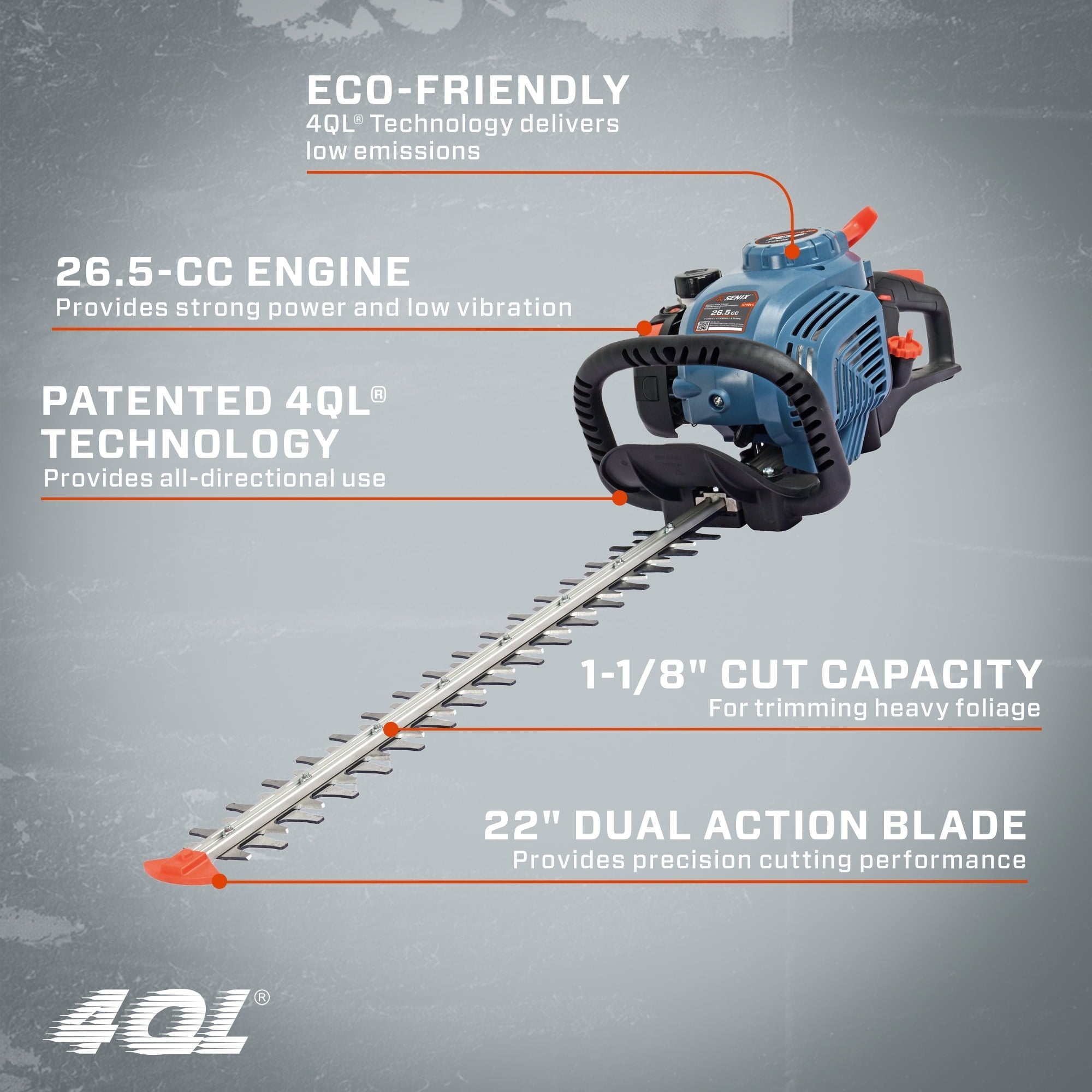 SENIX 26.5 cc 4 Cycle Gas Powered Hedge Trimmer, Dual Action Blades,  HT4QL-L
