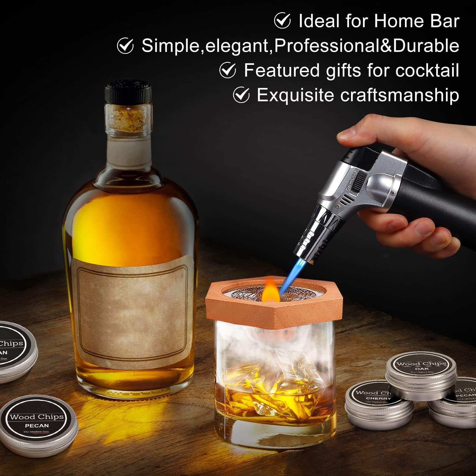 Cocktail Smoker Kit with Torch - Wood Bourbon Whiskey Drink Smoker Infuser Kit, Aged Old Fashioned Cocktail Smoker with 4 Flavored Smoking Wood Chips, Cocktail Smoker Gifts For Men (No Butane)
