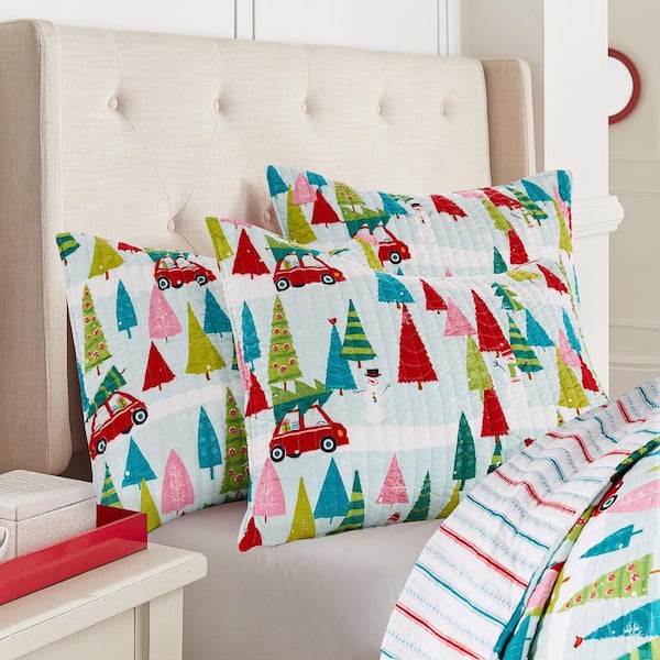 Merry and Bright Holly Jolly Multi-Color Christmas Trees Microfiber Standard Sham (Set of 2)