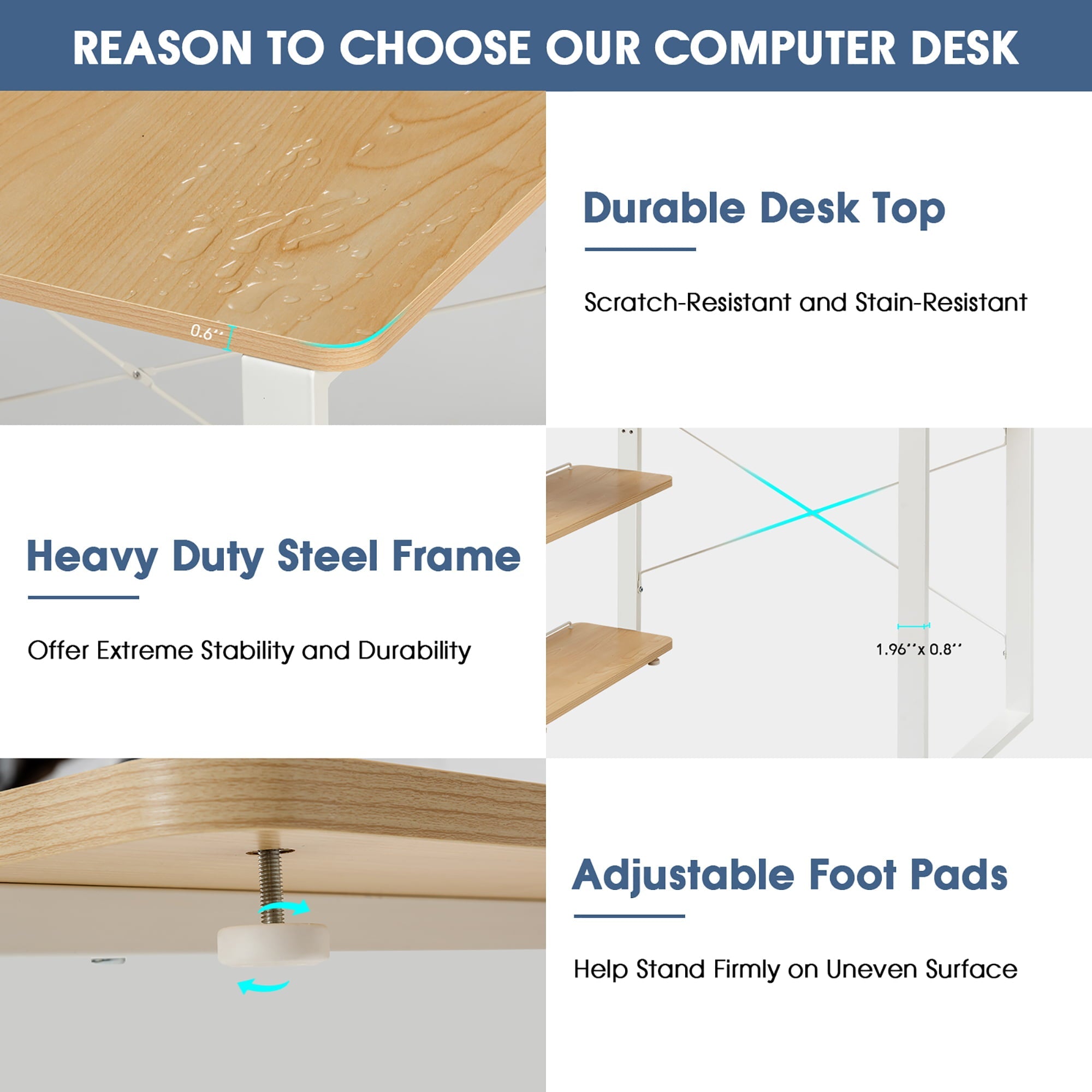 Costway Reversible Computer Desk Study Table Home Office w/Adjustable Bookshelf Natural