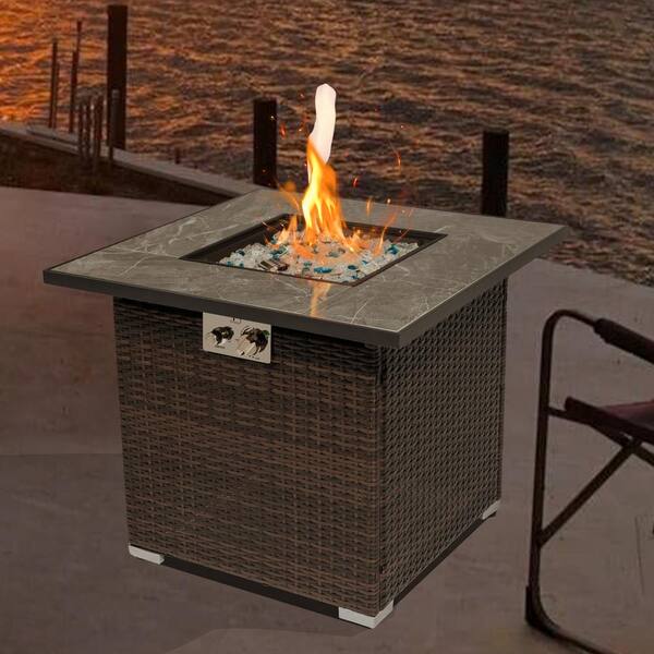 Brown Square Steel 30 in. 40000 BTU Propane Fire Pit Table with Glass Rocks and Rain Cover