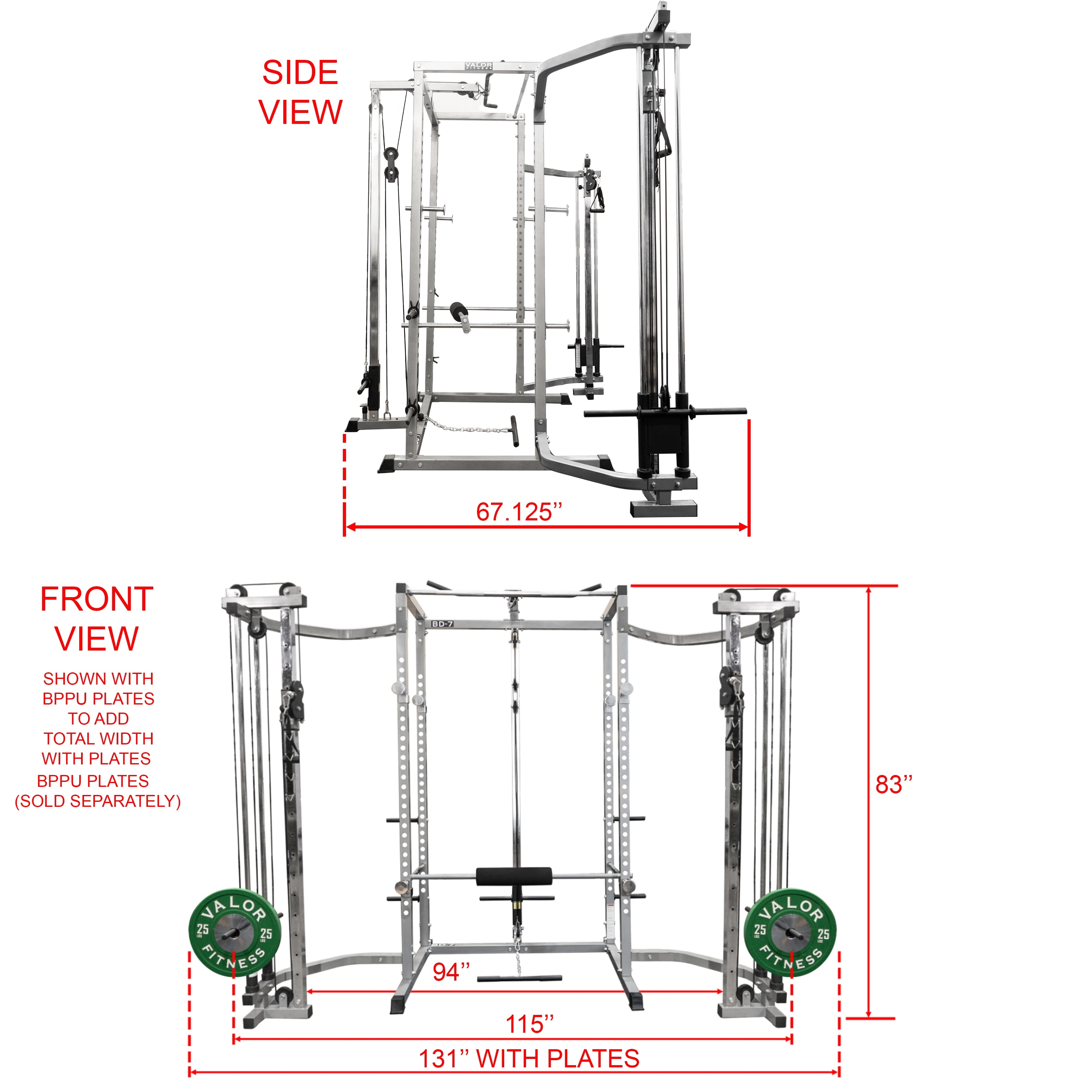 BD-7BCC Power Rack with Lat Pull & Cable Crossover Attachments