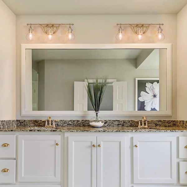 Modern 21 in. 3-Light Brass Gold Bath Vanity Light with Globe Clear Glass Shade Wall Sconce, LED Compatible