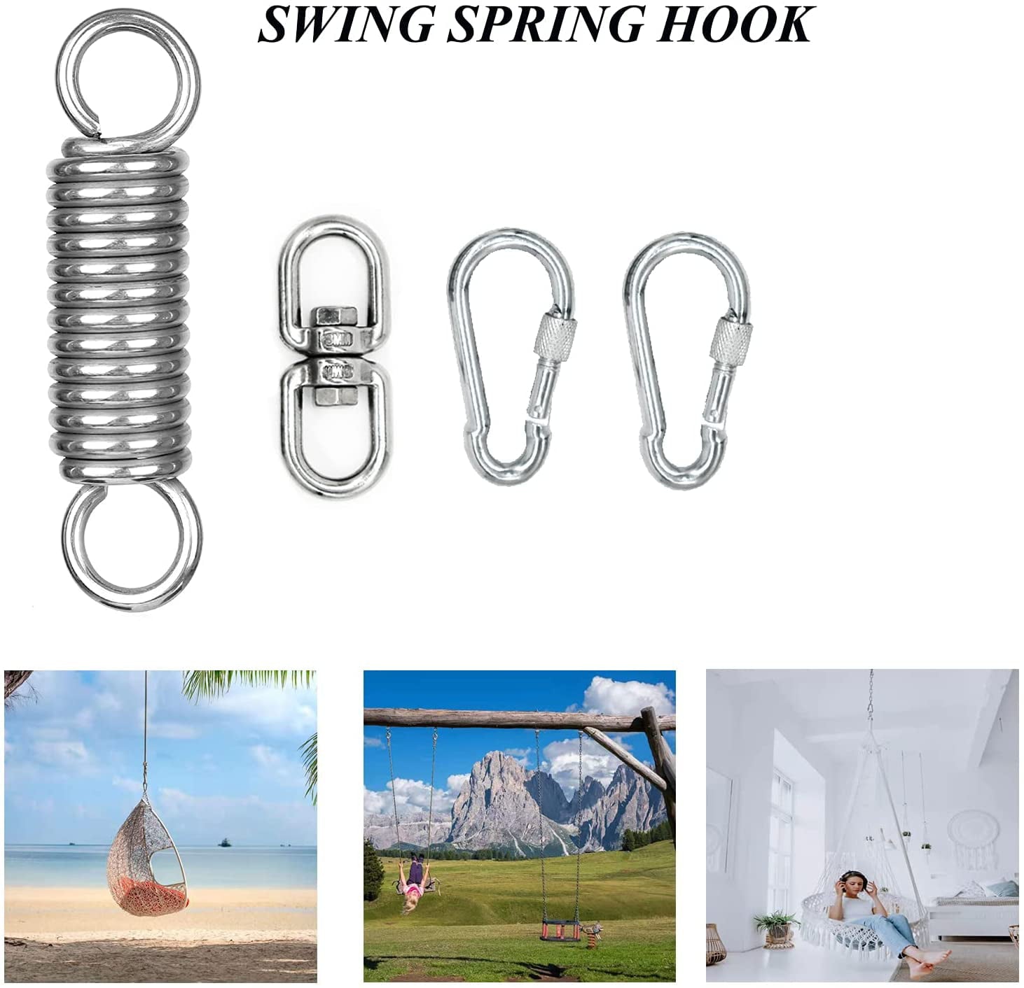 Premium Hammock Chair Hanging Kit with 2 Carabiner and Rotating Hook, Upgraded Snap Hooks Heavy Duty with 600 LB Capacity, Swing Spring for Swinging Chair/Hammocks