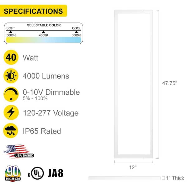 1 ft. x 4 ft. LED Thin Flush Surface Mount Panel W/Built in Internal Driver, 5 CCT 2700K to 5000K, Dimmable, (2-Pack)