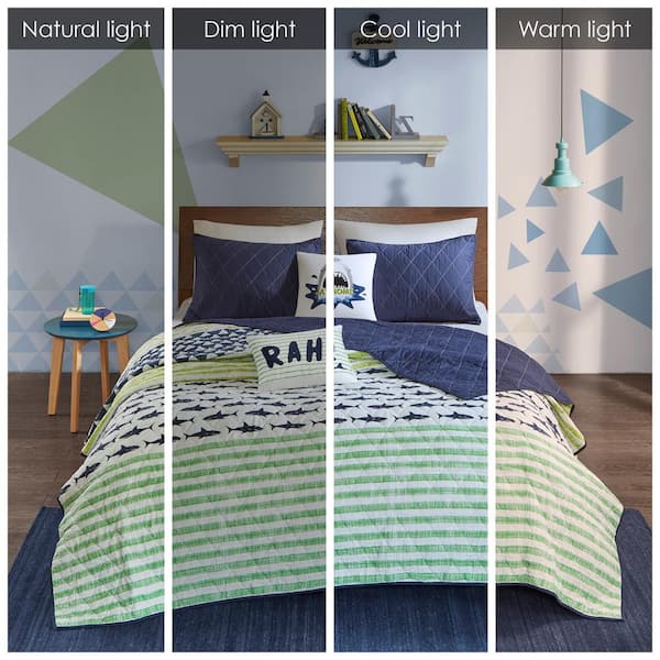 Aaron 5-Piece Green/Navy Full/Queen Shark Cotton Reversible Coverlet Set