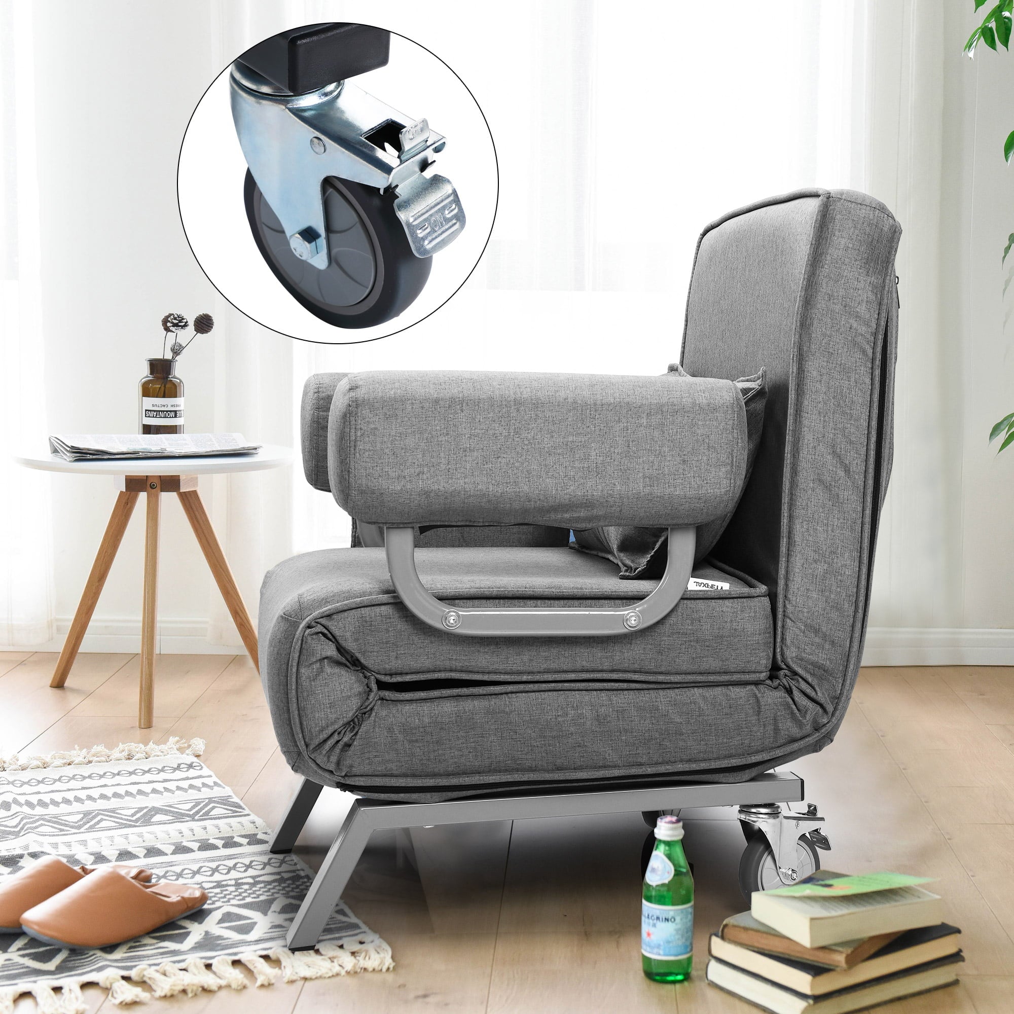 Jaxpety Convertible Sofa Bed Sleeper Arm Chiar, 6-Position Folding Lounge Leisure Recliner W/ Pillow, Gray