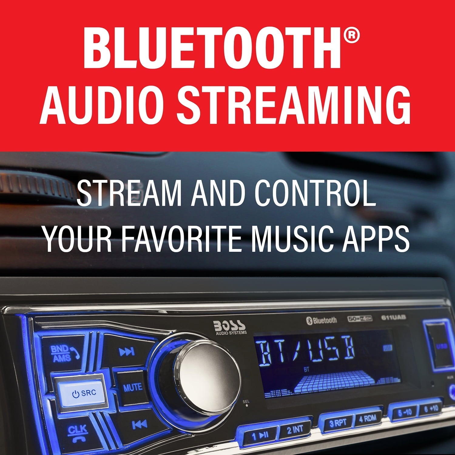 BOSS Audio Systems 611UAB Car Audio Stereo System - Single Din, Bluetooth Audio and Calling Head Unit, Aux Input, USB, Mechless, No CD/DVD Player, AM/FM Radio Receiver, Hook up to Amplifier