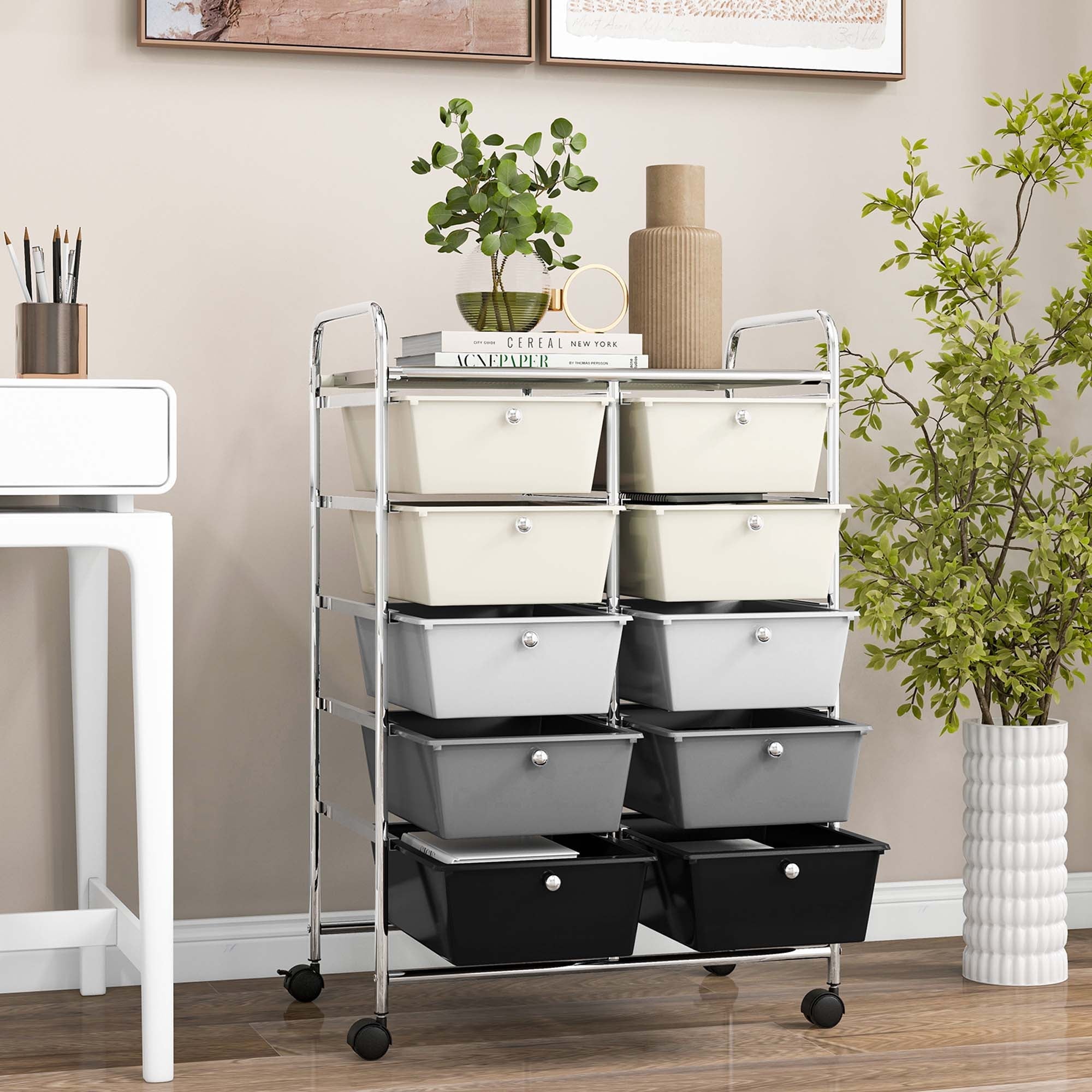 Costway 10-Drawer Storage Cart Utility Rolling Trolley Kitchen Organizer Grey Gradient