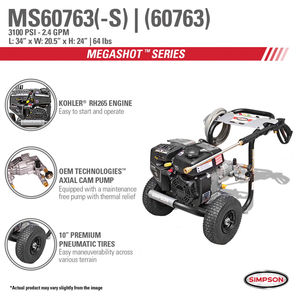 Simpson 60763 MegaShot 3100 PSI 2.4 GPM Premium Gas Pressure Washer