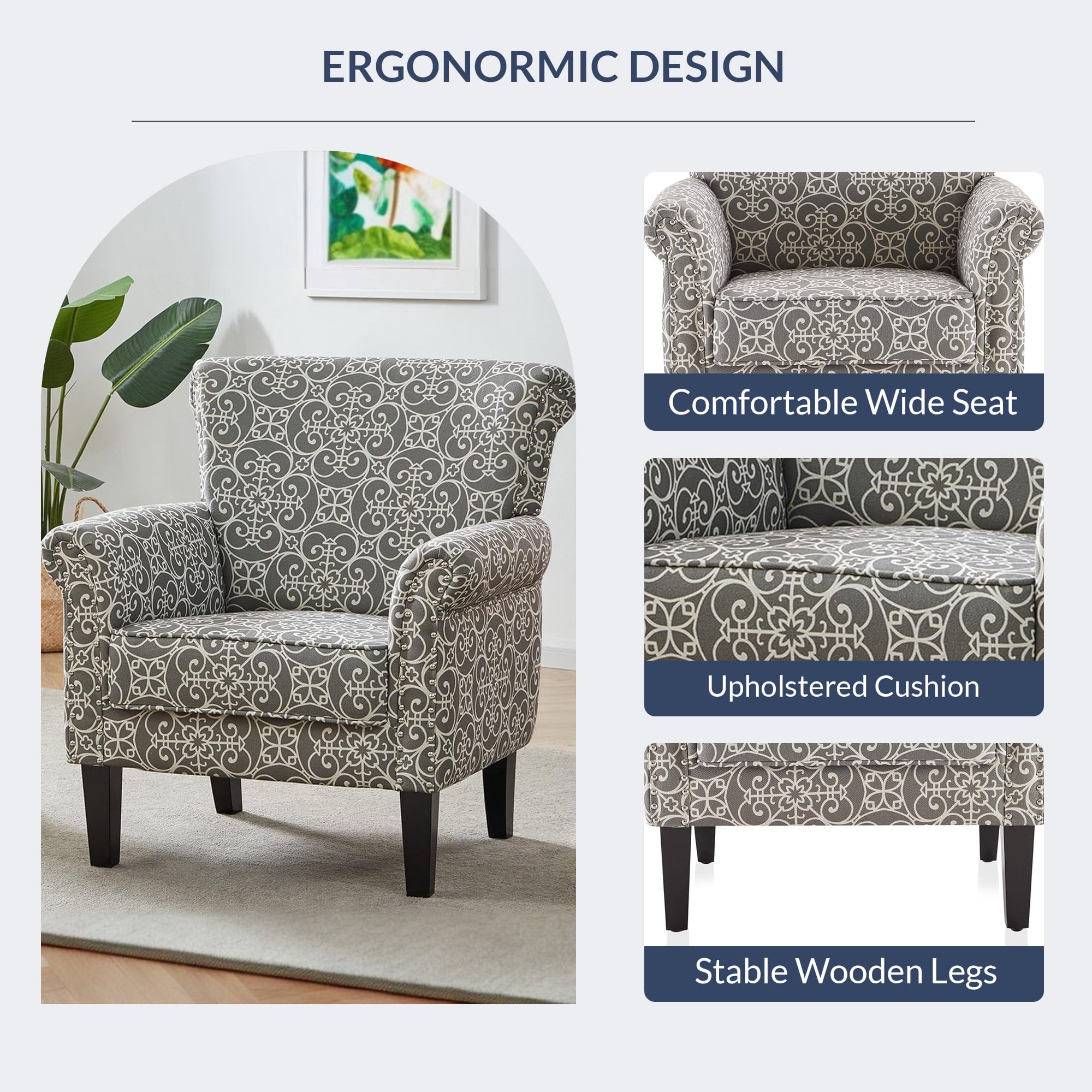 BELLEZE Rosette Scroll Arm Fabric Upholstered Club Chair Nailhead Trim Accent Chair, Gray