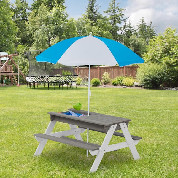 37.00 in. Gray Rectangle Wood Kids Outdoor Picnic Table with Umbrella