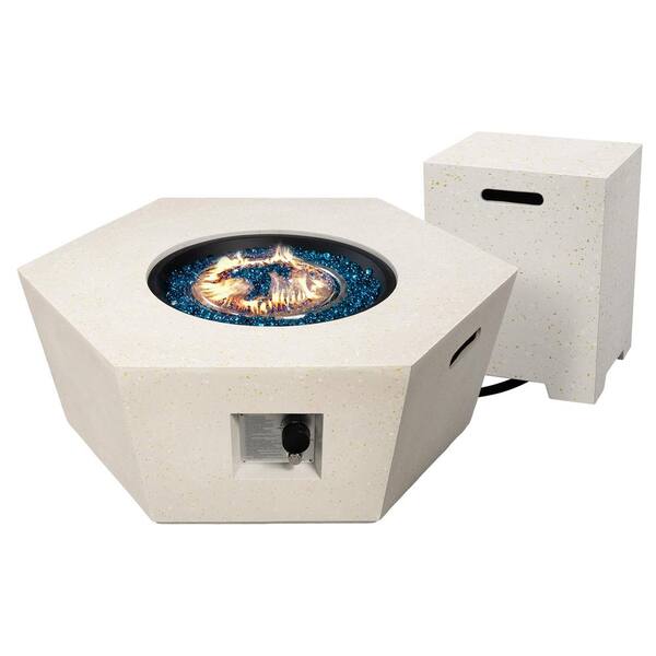 41 in. 50,000 BTU Beige Hexagon Polygon Terrazzo Outdoor Propane Gas Fire Pit Table with Propane Tank Cover