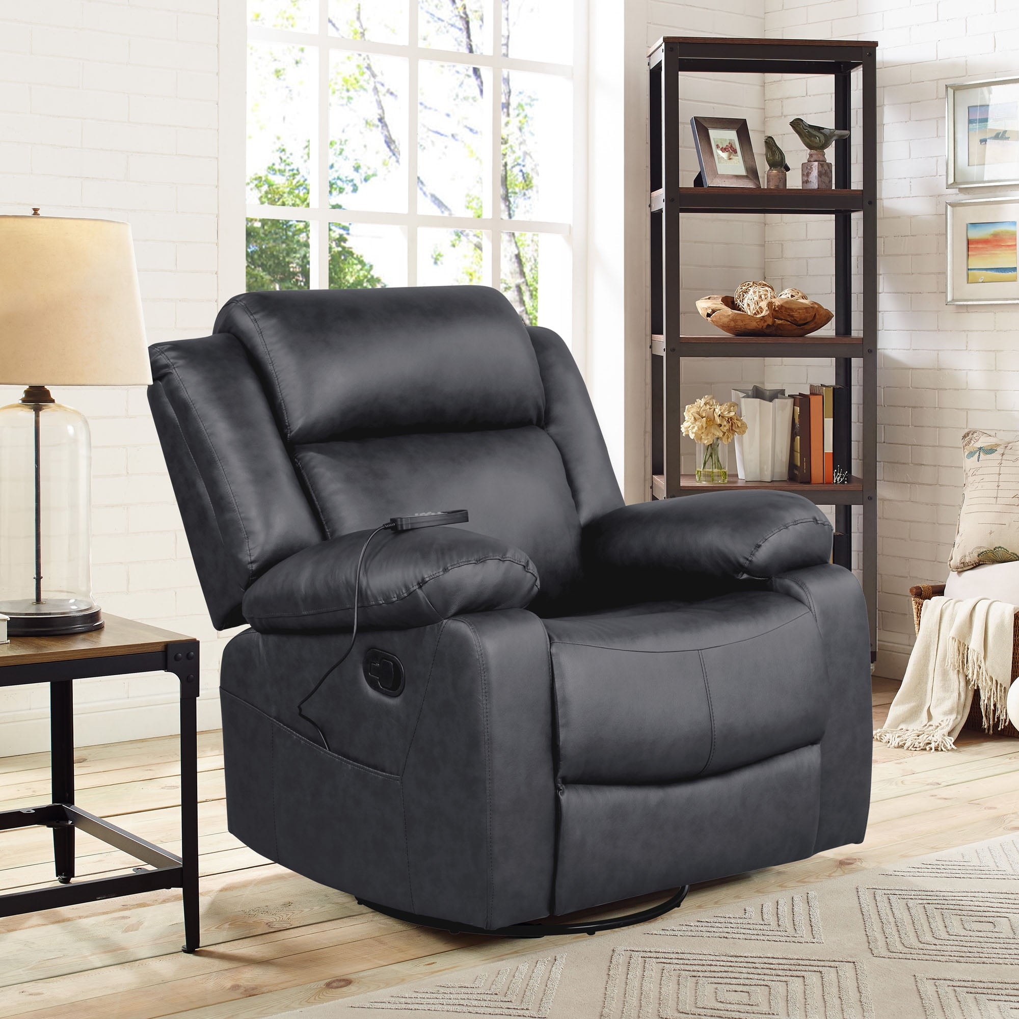 Elm & Oak Maxima Standard Manual Swivel Recliner with Massage and Heat, Black Faux Leather