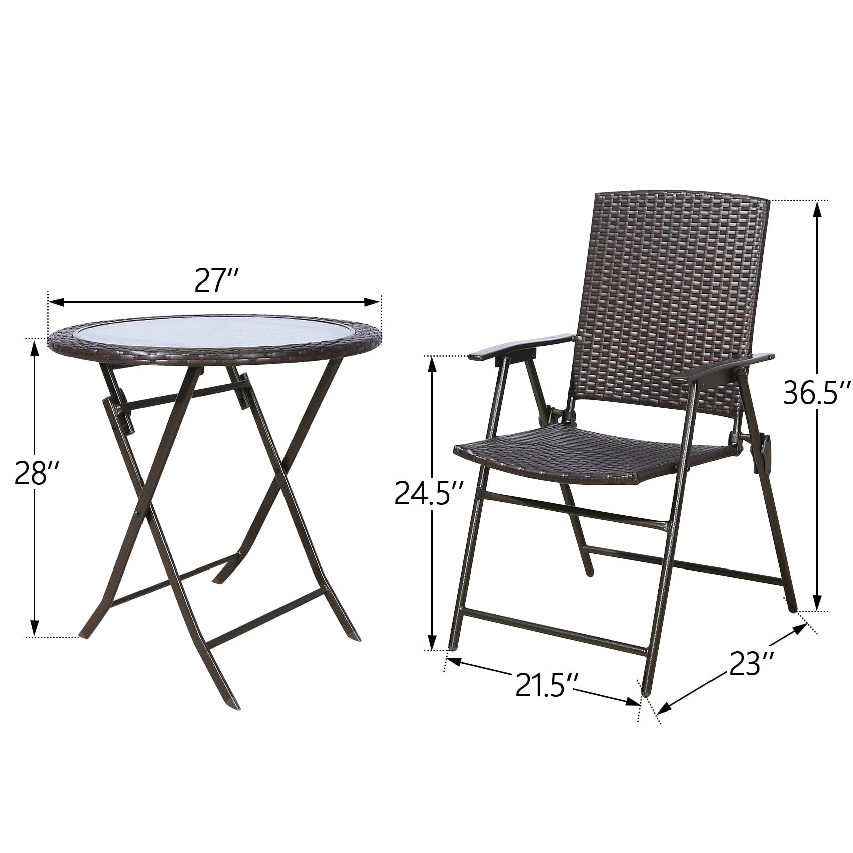 Ulax Furniture 3 Pieces Wicker Folding Bistro Set, Balcony Table and Chairs Sets, Garden Backyard Furniture